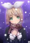 1girl :o blonde_hair blush bust green_eyes hair_ornament hairband hairclip hands_on_own_chest kagamine_rin kintarou_(kintarou&#039;s_room) looking_at_viewer mittens scarf snow snowing solo vocaloid winter_clothes winter_coat 
