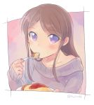  1girl blush brown_hair bust collarbone eating food framed fujino_(unajisaiko) long_hair looking_at_viewer omurice solo spread_legs sweater twitter_username violet_eyes 