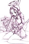  1girl bed_sheet character_doll kamizono_(spookyhouse) kantai_collection machinery mechanical_halo monochrome naginata polearm school_uniform short_hair sitting solo tatsuta_(kantai_collection) tenryuu_(kantai_collection) wariza weapon 