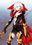  1boy 1girl armor dress eyeliner fate/extra fate/extra_ccc fate_(series) fur_trim gem launcher_(fate/extra_ccc) makeup pale_skin polearm sindri solo spear thigh-highs weapon white_hair 