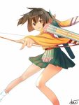  1girl aiming_at_viewer arrow bow_(weapon) brown_eyes brown_hair fighting_stance hakama hari. hiryuu_(kantai_collection) holding japanese_clothes kantai_collection looking_at_viewer pleated_skirt short_hair side_ponytail simple_background skirt solo weapon white_background 