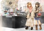  2girls accessories ahoge bag blonde_hair blue_eyes boots braid brown_boots brown_hair casual coat cus-tom dress fairy_(kantai_collection) fur_coat hair_flaps hair_ornament hair_ribbon hairclip handbag kantai_collection long_hair long_skirt minigirl multiple_girls pink_scarf plaid plaid_dress pleated_skirt red_eyes ribbon scarf shigure_(kantai_collection) shopping shoulder_bag single_braid skirt yuudachi_(kantai_collection) 