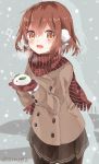  1girl black_legwear blush brown_eyes brown_gloves earmuffs fang gloves hair_ornament hairclip ikazuchi_(kantai_collection) kantai_collection looking_at_viewer open_mouth pantyhose scarf shijima_(sjmr02) short_hair skirt snow_bunny snowing solo twitter_username winter_clothes winter_coat 
