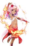  1girl arm_strap arm_up armpits excel_(shena) flame flat_chest flower gauntlets grin hair_flower hair_ornament jewelry long_hair looking_at_viewer navel necklace pink_eyes pink_hair pururun_fairies red_rose rose sling_bikini smile solo standing_on_one_leg swimsuit thigh_strap 