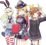  amatsukaze_(kantai_collection)_(cosplay) blonde_hair blue_eyes brown_hair gloves green_eyes hair_ribbon hairband hand_on_hip hat highres kagerou_(kantai_collection) kantai_collection long_hair peaked_cap prinz_eugen_(kantai_collection) ribbon shimakaze_(kantai_collection) smile tai0201 thigh-highs turret twintails uniform v 