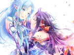  asuna_(sao) asuna_(sao-alo) blue_eyes blue_hair closed_eyes detached_sleeves e_(mzkmm) fingerless_gloves gloves hairband long_hair pointy_ears purple_hair sword_art_online yuuki_(sao) 