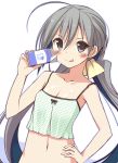  1girl :q ahoge alternate_costume black_eyes black_hair blush bust collarbone hand_on_hip highres kantai_collection kiyoshimo_(kantai_collection) long_hair looking_at_viewer low_twintails milk_carton navel oota_yuuichi solo tank_top tongue tongue_out twintails very_long_hair 