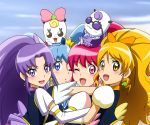  4girls aino_megumi blonde_hair blue_eyes blue_hair blush bow creature cure_fortune cure_honey cure_lovely cure_princess earrings fuchi_(nightmare) gurasan_(happinesscharge_precure!) hair_bow happinesscharge_precure! hikawa_iona hug jewelry long_hair magical_girl multiple_girls oomori_yuuko pink_eyes pink_hair ponytail precure purple_hair ribbon_(happinesscharge_precure!) shirayuki_hime twintails violet_eyes yellow_eyes 