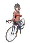  1girl :d absurdres backpack bag bicycle brown_eyes brown_hair helmet highres jacket looking_at_viewer open_mouth original pantyhose potato_pot shoes short_hair shorts simple_background sitting smile solo striped striped_legwear vertical_stripes white_background 