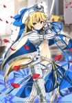  1girl blonde_hair blue_eyes breasts cape hat kaku-san-sei_million_arthur looking_at_viewer navel official_art petals refeia short_hair solo sword under_boob vertical-striped_pants weapon 