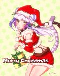  1girl :o artist_name bare_shoulders blush cat_hair_ornament cowboy_shot detached_sleeves double_bun finger_to_mouth fur_trim gift hair_ornament haku_(p&amp;d) hat holding leaning_forward long_hair long_sleeves merry_christmas mewwuwu mistletoe multicolored_hair navel open_mouth purple_hair puzzle_&amp;_dragons red_skirt santa_costume santa_hat scarf skirt solo star striped striped_scarf tail tiger_tail two-tone_hair white_hair yellow_eyes 