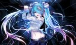  1girl aiming_at_viewer aqua_eyes aqua_hair bai_yemeng bangs bare_shoulders belt broken broken_glass bug crowbar denim fourth_wall glass hair_ornament hair_ribbon hatsune_miku highres holding jeans long_sleeves looking_at_viewer midriff navel pants ribbon solo standing twintails vocaloid weapon 