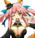  1girl animal_ears bare_shoulders blush breasts caster_(fate/extra) cleavage detached_sleeves fate/extra fate_(series) fingernails fox_ears fox_tail hair_ornament hair_ribbon hat looking_at_viewer one_eye_closed open_mouth pink_hair ribbon simple_background solo tail twintails v white_background winks yellow_eyes 
