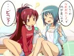  2girls blue_eyes blue_hair headphones long_hair mahou_shoujo_madoka_magica miki_sayaka multiple_girls ponytail ransusan redhead sakura_kyouko short_hair sweater translation_request 