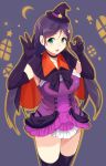  1girl :d aqua_eyes cape choker crescent dancing_stars_on_me! dress hair_ornament hairclip halloween hat love_live!_school_idol_project low_twintails mini_hat open_mouth purple_dress sasamori_tomoe smile solo star star_hair_ornament thigh-highs toujou_nozomi twintails witch_hat 