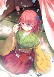  1girl bespectacled blush culter flower glasses hair_flower hair_ornament hieda_no_akyuu japanese_clothes kimono looking_at_viewer pink_eyes pink_hair red-framed_glasses short_hair sitting smile solo touhou 