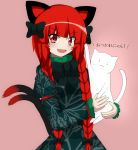  animal_ears bow braid carrying cat cat_ears cat_tail commentary_request fang hair_bow highres kaenbyou_rin open_mouth redhead seo_haruto smile tail touhou twin_braids 