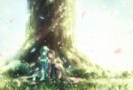  2girls asuna_(sao-alo) blue_hair closed_eyes detached_sleeves domik grass headband leaf leaning_on_person light_particles long_hair multiple_girls pointy_ears purple_hair red_eyes sitting smile sunlight sword_art_online tree yuuki_(sao) 