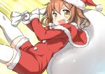  1girl artist_name brown_hair christmas fang fur_trim hair_ornament hairclip hat highres ikazuchi_(kantai_collection) kantai_collection looking_at_viewer open_mouth over_shoulder ryuki_(ryukisukune) sack santa_costume santa_hat short_hair signature solo thigh-highs white_legwear yellow_eyes 