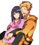  1boy 1girl blonde_hair closed_eyes exa_(koyuru) highres husband_and_wife hyuuga_hinata lavender_eyes long_hair naruto one_eye_closed pregnant purple_hair short_hair smile uzumaki_naruto 