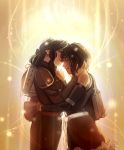  2girls asami_sato avatar:_the_last_airbender backlighting backpack bag bare_shoulders closed_eyes dark_skin detached_sleeves folded_ponytail forehead_kiss holding_hands hug jennah_heshmat kiss korra legend_of_korra lips lipstick makeup multiple_girls short_hair spoilers waist_hug yuri 