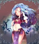  1girl bell blue_hair blurry bokeh breasts capelet closed_eyes cowboy_shot depth_of_field gloves hand_on_hip light_smile loincloth long_hair midriff navel no_hat other_life:_azure_dreams sawamura_aoi selfi_rode solo standing white_gloves 
