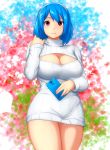  1girl 2014 artist_name bangs blue_hair blush breasts cellphone cleavage_cutout erkaz hairband heart heart_background highres large_breasts long_sleeves looking_at_viewer open-chest_sweater original phone red_eyes ribbed_sweater rina_atherina shiny shiny_hair short_hair smartphone solo standing sweater sweater_dress timestamp watermark 