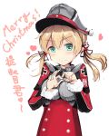  1girl blonde_hair bust christmas fur_trim green_eyes hair_ornament hat highres hijack kantai_collection looking_at_viewer merry_christmas military military_hat military_uniform peaked_cap prinz_eugen_(kantai_collection) simple_background smile solo twintails uniform white_background 