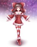  1girl :3 \||/ adapted_costume bare_shoulders boots bow brown_eyes brown_hair christmas collarbone detached_sleeves dress full_body fur_trim hair_bow hair_tubes hakurei_reimu large_bow light_smile long_hair looking_at_viewer pan_(spesy51) red_boots red_dress santa_costume solo striped striped_legwear touhou wide_sleeves 