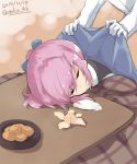  1boy 1girl admiral_(kantai_collection) dated drooling food fruit gloves hair_ornament head_rest kantai_collection kotatsu military military_uniform mku naval_uniform orange ponytail school_uniform shiranui_(kantai_collection) short_hair short_ponytail sleeping table twitter_username uniform white_gloves 