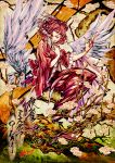  1girl akasia bird_wings branch cherry_blossoms claws dress hat music mystia_lorelei open_mouth outstretched_hand red_eyes redhead singing solo touhou wide_sleeves wings 