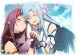  2girls asuna_(sao) asuna_(sao-alo) breastplate fingerless_gloves gloves hairband long_hair multiple_girls pointy_ears purple_hair sword_art_online tears tukno yuuki_(sao) 