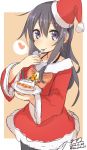  1girl akatsuki_(kantai_collection) alternate_costume black_hair cake cowboy_shot dated food fork heart highres kantai_collection long_hair looking_at_viewer nonono_(basasi21) santa_costume signature sketch solo spoken_heart twitter_username violet_eyes 