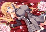  1girl bismarck_(kantai_collection) black_panties blonde_hair blue_eyes blush breasts elbow_gloves flower gloves kantai_collection long_hair lying military military_uniform murasakigo open_mouth panties shiny shiny_clothes solo underwear uniform 