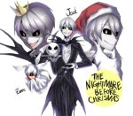 absurdres blue_eyes character_name copyright_name crown fake_beard grin hat highres jack_skellington looking_at_viewer maian open_mouth personification santa_hat short_hair silver_hair simple_background smile the_nightmare_before_christmas white_background white_hair yellow_eyes zero_(nbc) 