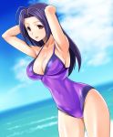  1girl ahoge armpits arms_behind_head arms_up breasts casual_one-piece_swimsuit cleavage clouds cowboy_shot dutch_angle horizon idolmaster long_hair miura_azusa muhi11234 ocean one-piece_swimsuit purple_hair purple_swimsuit red_eyes sky solo swimsuit 