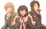  1girl 2boys bare_shoulders blonde_hair bow brother_and_sister brown_hair choker dress earrings formal frilled_dress frills green_eyes jack_vessalius jewelry lacie_baskerville long_hair mitsubi multiple_boys oswald_baskerville pandora_hearts red_eyes short_hair siblings smile 