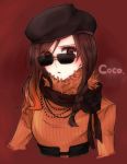  1girl beret braid brown_eyes brown_hair character_name coco_(rwby) flower gradient_hair hat jewelry long_hair merry_(168cm) multicolored_hair necklace open_mouth orange_hair red_background rose rwby scarf single_braid solo sunglasses sweater 