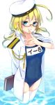  1girl blonde_hair book glasses hat highres i-8_(kantai_collection) jacket kantai_collection long_hair satomachi swimsuit twintails uniform 