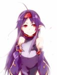  1girl ahoge bare_shoulders hairband jianmo_sl long_hair pointy_ears purple_hair red_eyes smile solo sword_art_online tears white_background yuuki_(sao) 