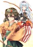  2girls bow_(weapon) brown_eyes brown_hair closed_eyes green_skirt hakama_skirt hand_on_own_chest headband hiryuu_(kantai_collection) japanese_clothes kantai_collection long_hair looking_at_viewer multiple_girls muneate pleated_skirt red_skirt short_hair shoukaku_(kantai_collection) silver_hair single_glove skirt tetsu_tissue weapon yugake 
