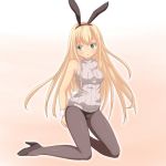  1girl a-ktoo blonde_hair blush breasts bunny_girl bunny_tail bunnysuit green_eyes long_hair original pantyhose ribbed_sweater solo sweater tail 