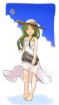  2girls :d ^_^ bare_shoulders barefoot casual closed_eyes crescent_hair_ornament depth_charge dress engiyoshi green_hair hair_ornament hat kantai_collection long_hair multiple_girls nagatsuki_(kantai_collection) open_mouth revision shinkaisei-kan smile sun_hat sundress ufo when_you_see_it white_dress wo-class_aircraft_carrier 