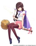  bangs belt blue_shoes bracelet broom broom_ribbon broom_riding brown_hair cape collared_shirt dungeon_anywhere eyebrows female jewelry long_hair mary_janes necktie pink_skirt pleated_skirt shirt shoes skirt solo sorceress ssberit star straight_hair striped striped_skirt thigh-highs violet_eyes wand white_background white_shirt witch zettai_ryouiki 