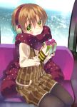  1girl arikawa_satoru black_legwear blush brown_hair earmuffs gift green_eyes hoshizora_rin legwear_under_shorts long_hair love_live!_school_idol_project pantyhose scarf shorts sitting smile solo 