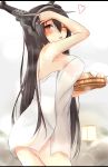 1girl absurdres bare_shoulders black_hair blush breasts bucket hairband heart highres kantai_collection lantern large_breasts letterboxed long_hair looking_at_viewer nagato_(kancolle) naked_towel one_eye_closed onsen open_mouth saku_(kudrove) solo steam towel wooden_bucket