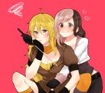  2girls ahoge bike_shorts black_gloves blonde_hair blush breasts brown_eyes brown_hair cleavage fingerless_gloves gloves grin hand_on_own_face heart heterochromia highres jacket knife long_hair merry_(168cm) multicolored_hair multiple_girls neo_(rwby) open_mouth pink_background pink_eyes pink_hair puffy_short_sleeves puffy_sleeves rwby scarf short_sleeves simple_background smile sweatdrop two-tone_hair violet_eyes yang_xiao_long 