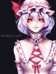  1girl adapted_costume black_background brooch bust character_name dress elbow_gloves gloves glowing glowing_eyes hat hat_ribbon jewelry licking_lips ling_(vivianling) looking_at_viewer mob_cap pink_dress portrait purple_hair red_eyes remilia_scarlet ribbon short_hair simple_background small_breasts smile solo touhou 
