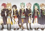  6+girls absurdres abukuma_(kantai_collection) alternate_costume aqua_skirt bangs black_hair black_legwear blonde_hair blunt_bangs blush book boots broom brown_eyes chestnut_mouth chiyu_(cotoritori) coat collared_shirt green_eyes green_hair grey_hair hair_bun hair_rings hairband harry_potter headband high_ponytail highres isuzu_(kantai_collection) kantai_collection kinu_(kantai_collection) loafers long_hair looking_at_viewer multiple_girls nagara_(kantai_collection) natori_(kantai_collection) necktie odd_one_out pantyhose pink_hair pleated_skirt ponytail red_eyes red_skirt redhead school_uniform shoes short_hair side_ponytail skirt smile thigh-highs twintails very_long_hair wand white_legwear yura_(kantai_collection) yuubari_(kantai_collection) 