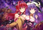  blush breasts cleavage collar crescent_hair_ornament demon_tail hair_ornament halloween hat head_wings jack-o&#039;-lantern koakuma patchouli_knowledge pointy_ears purple_hair redhead tail thigh-highs touhou violet_eyes witch_hat yamu_(reverse_noise) yellow_eyes 